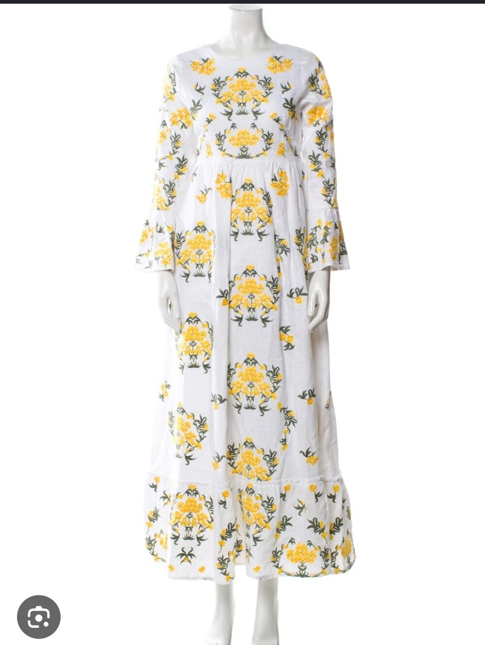 Agua Bendita PAPAYA ARAGUANES Linen Floral Embriodered Long-Sleeve Maxi Dress XS